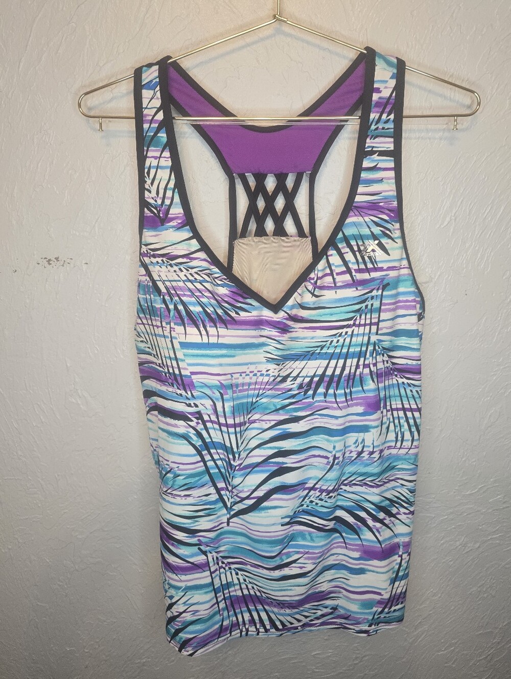 ZeroXposur 1X Tropical Swim Tankini Top Purple Blue Palm Print Shelf Bra